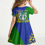 New Zealand Warriors Kid Short Sleeve Dress Golden Wattle Floral Polynesian - Australian Flower - Rugby Mascot