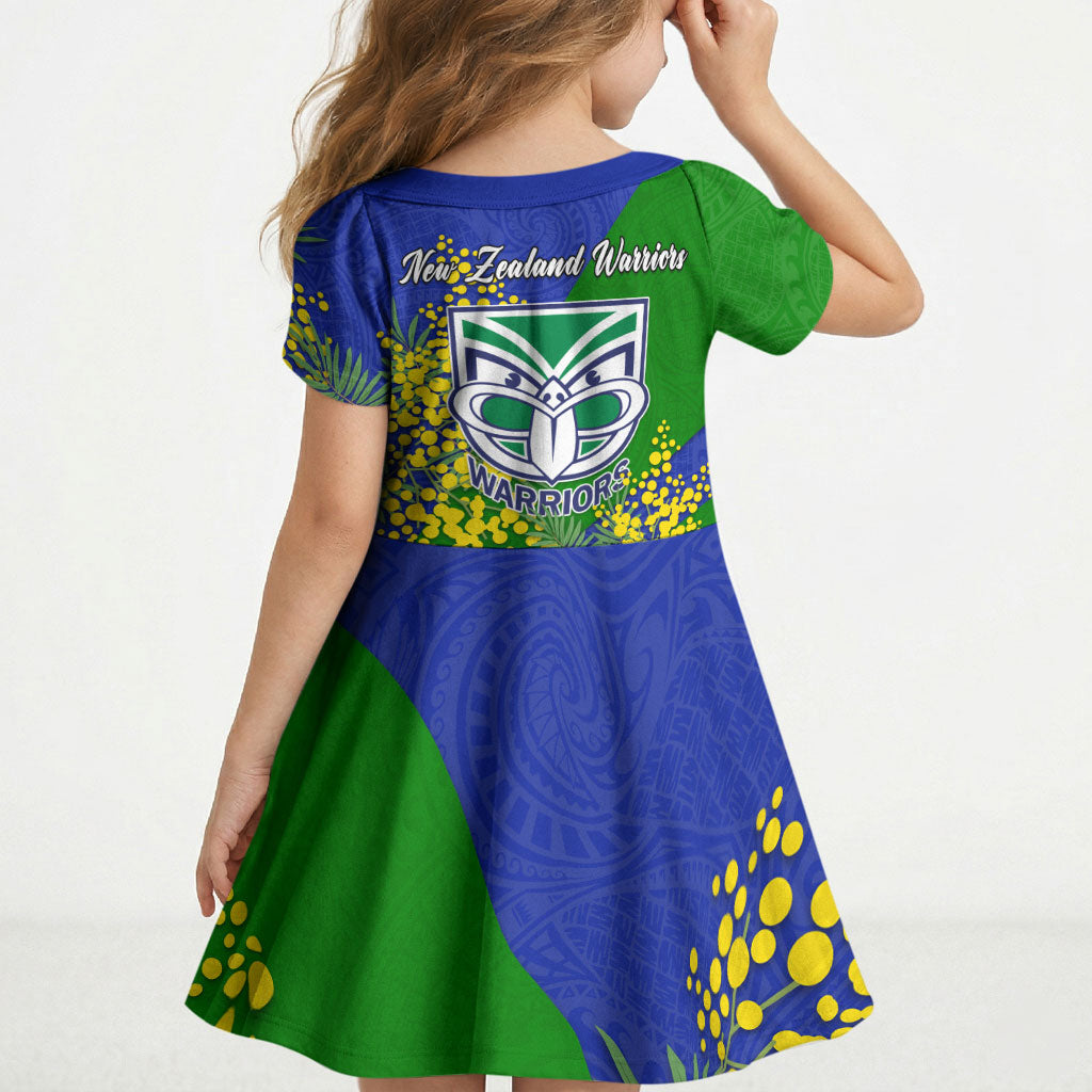 New Zealand Warriors Kid Short Sleeve Dress Golden Wattle Floral Polynesian - Australian Flower - Rugby Mascot