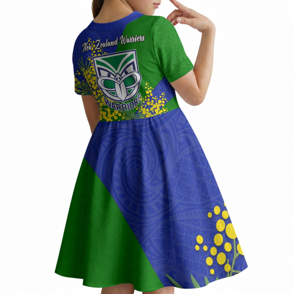 New Zealand Warriors Kid Short Sleeve Dress Golden Wattle Floral Polynesian - Australian Flower - Rugby Mascot