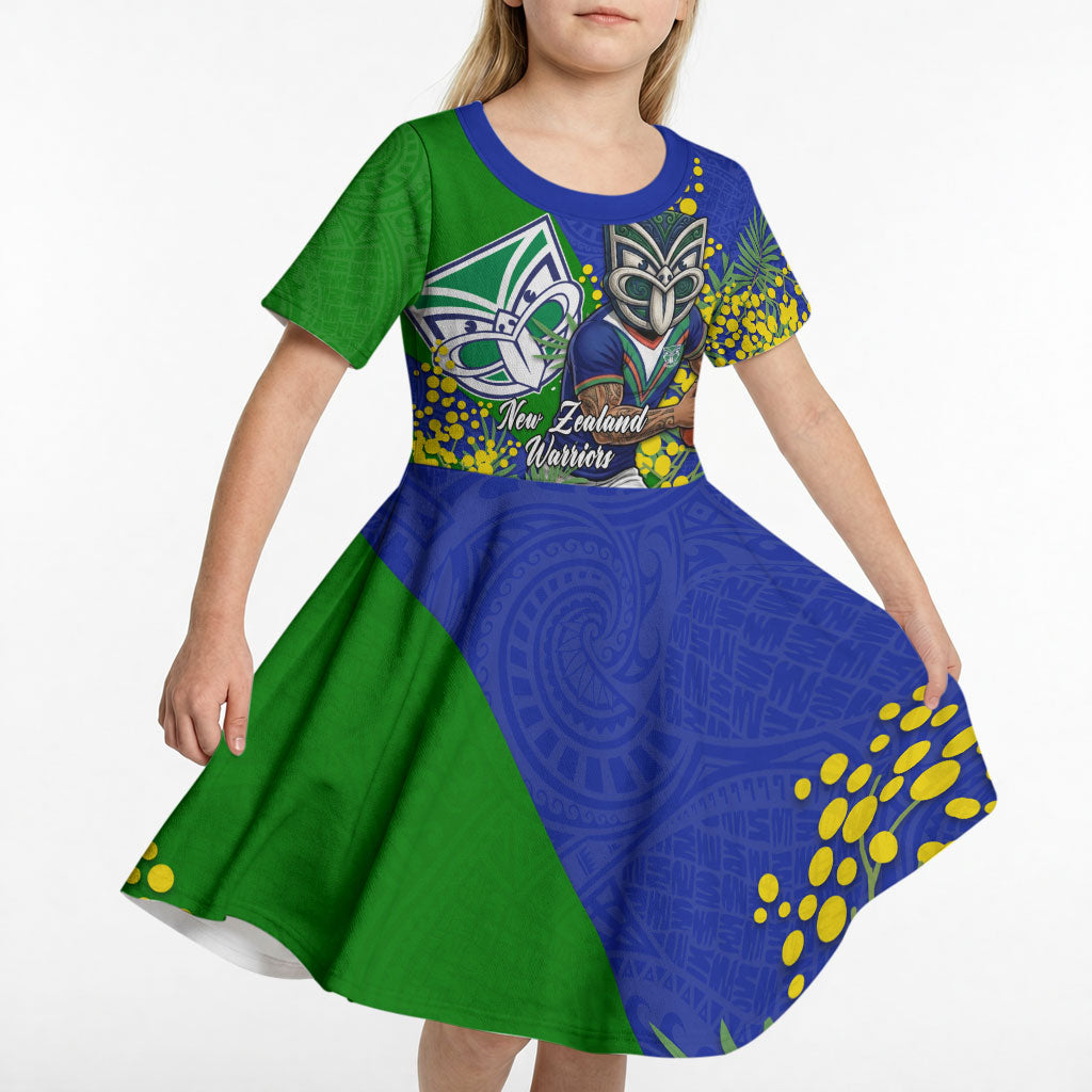 New Zealand Warriors Kid Short Sleeve Dress Golden Wattle Floral Polynesian - Australian Flower - Rugby Mascot