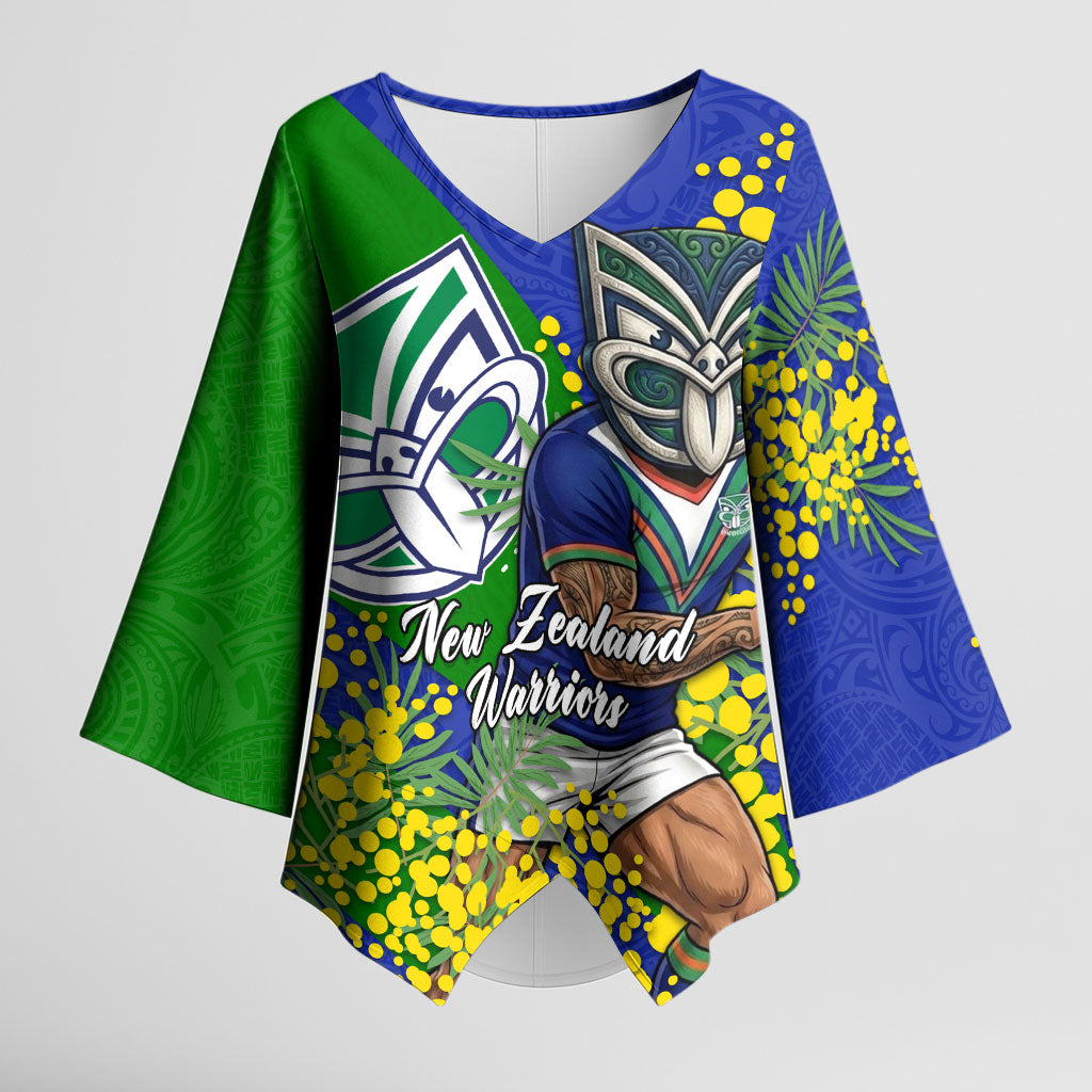 New Zealand Warriors Kimono Sleeve Blouse Golden Wattle Floral Polynesian - Australian Flower - Rugby Mascot