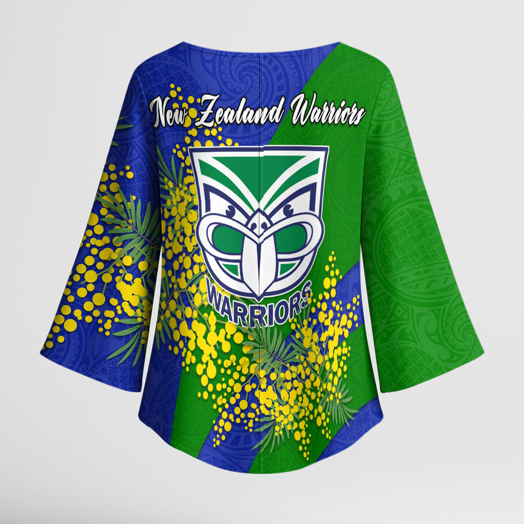 New Zealand Warriors Kimono Sleeve Blouse Golden Wattle Floral Polynesian - Australian Flower - Rugby Mascot