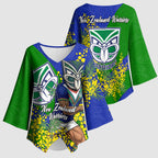 New Zealand Warriors Kimono Sleeve Blouse Golden Wattle Floral Polynesian - Australian Flower - Rugby Mascot
