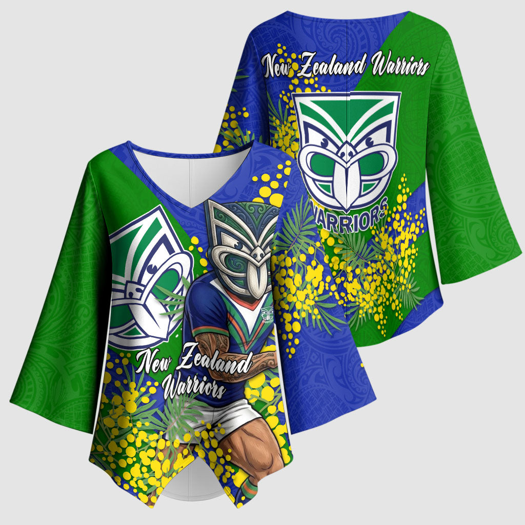 New Zealand Warriors Kimono Sleeve Blouse Golden Wattle Floral Polynesian - Australian Flower - Rugby Mascot