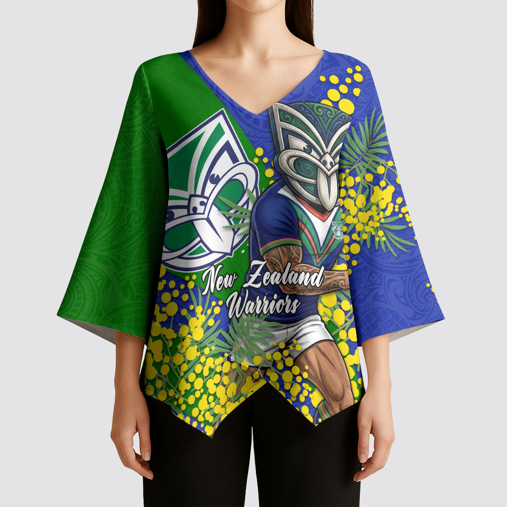 New Zealand Warriors Kimono Sleeve Blouse Golden Wattle Floral Polynesian - Australian Flower - Rugby Mascot