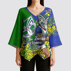 New Zealand Warriors Kimono Sleeve Blouse Golden Wattle Floral Polynesian - Australian Flower - Rugby Mascot