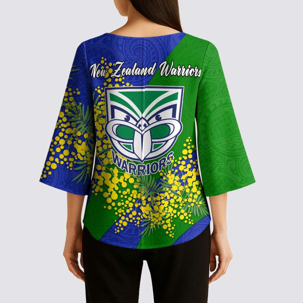 New Zealand Warriors Kimono Sleeve Blouse Golden Wattle Floral Polynesian - Australian Flower - Rugby Mascot