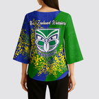 New Zealand Warriors Kimono Sleeve Blouse Golden Wattle Floral Polynesian - Australian Flower - Rugby Mascot
