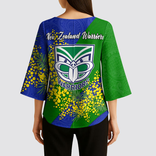 New Zealand Warriors Kimono Sleeve Blouse Golden Wattle Floral Polynesian - Australian Flower - Rugby Mascot