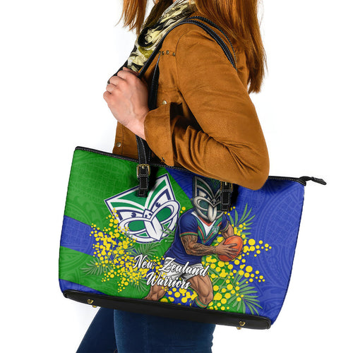 New Zealand Warriors Leather Tote Bag Golden Wattle Floral Polynesian - Australian Flower - Rugby Mascot