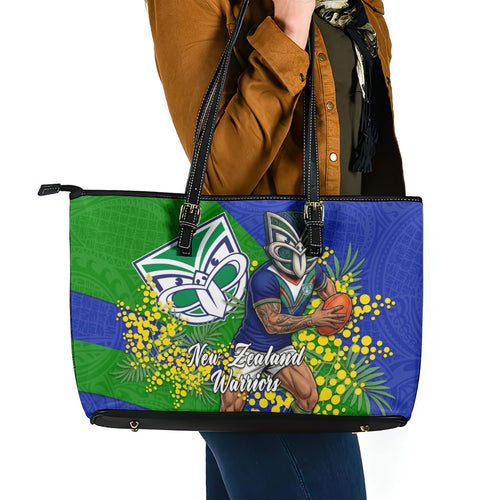 New Zealand Warriors Leather Tote Bag Golden Wattle Floral Polynesian - Australian Flower - Rugby Mascot