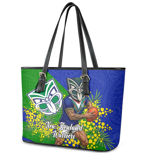 New Zealand Warriors Leather Tote Bag Golden Wattle Floral Polynesian - Australian Flower - Rugby Mascot