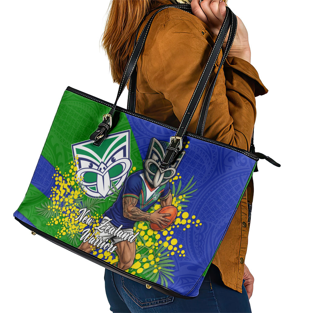 New Zealand Warriors Leather Tote Bag Golden Wattle Floral Polynesian - Australian Flower - Rugby Mascot