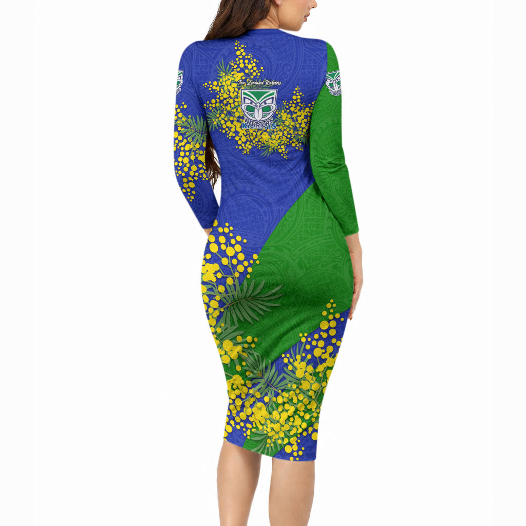 New Zealand Warriors Long Sleeve Bodycon Dress Golden Wattle Floral Polynesian - Australian Flower - Rugby Mascot