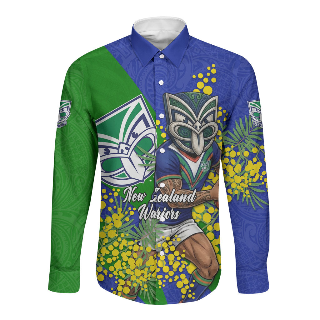 New Zealand Warriors Long Sleeve Button Shirt Golden Wattle Floral Polynesian - Australian Flower - Rugby Mascot