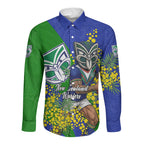 New Zealand Warriors Long Sleeve Button Shirt Golden Wattle Floral Polynesian - Australian Flower - Rugby Mascot