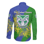 New Zealand Warriors Long Sleeve Button Shirt Golden Wattle Floral Polynesian - Australian Flower - Rugby Mascot