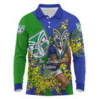 New Zealand Warriors Long Sleeve Polo Shirt Golden Wattle Floral Polynesian - Australian Flower - Rugby Mascot