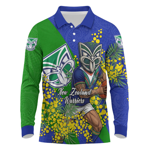 New Zealand Warriors Long Sleeve Polo Shirt Golden Wattle Floral Polynesian - Australian Flower - Rugby Mascot