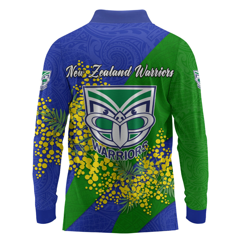 New Zealand Warriors Long Sleeve Polo Shirt Golden Wattle Floral Polynesian - Australian Flower - Rugby Mascot