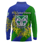New Zealand Warriors Long Sleeve Polo Shirt Golden Wattle Floral Polynesian - Australian Flower - Rugby Mascot