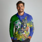 New Zealand Warriors Long Sleeve Polo Shirt Golden Wattle Floral Polynesian - Australian Flower - Rugby Mascot