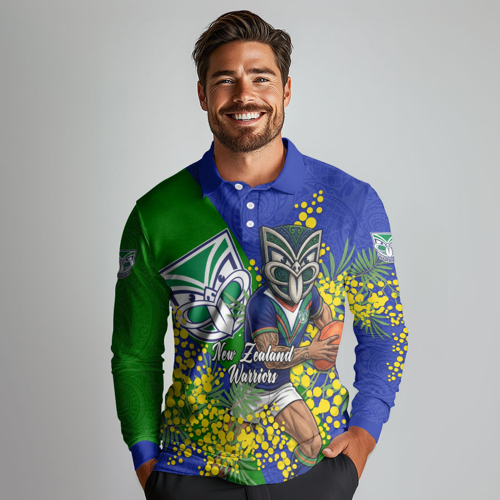 New Zealand Warriors Long Sleeve Polo Shirt Golden Wattle Floral Polynesian - Australian Flower - Rugby Mascot