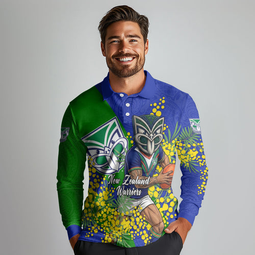 New Zealand Warriors Long Sleeve Polo Shirt Golden Wattle Floral Polynesian - Australian Flower - Rugby Mascot
