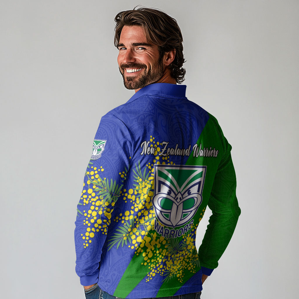 New Zealand Warriors Long Sleeve Polo Shirt Golden Wattle Floral Polynesian - Australian Flower - Rugby Mascot