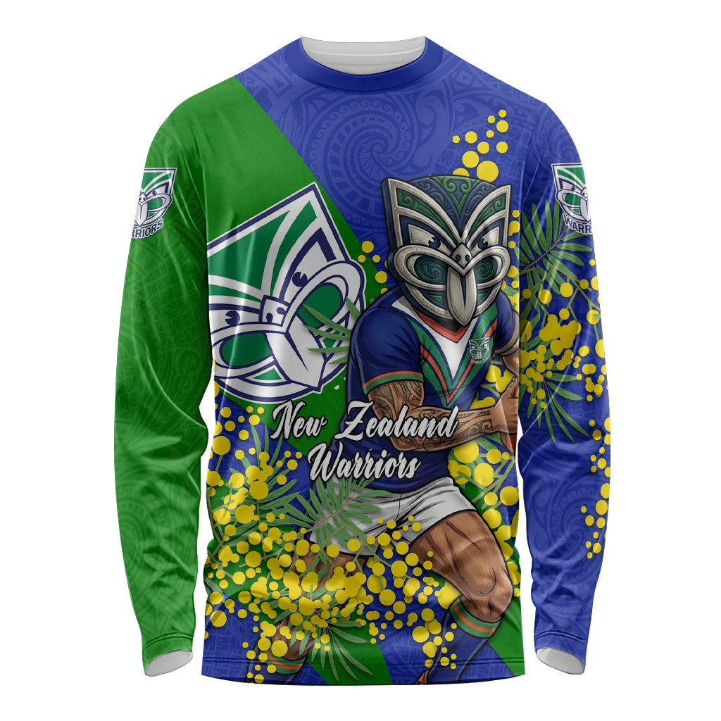 New Zealand Warriors Long Sleeve Shirt Golden Wattle Floral Polynesian - Australian Flower - Rugby Mascot