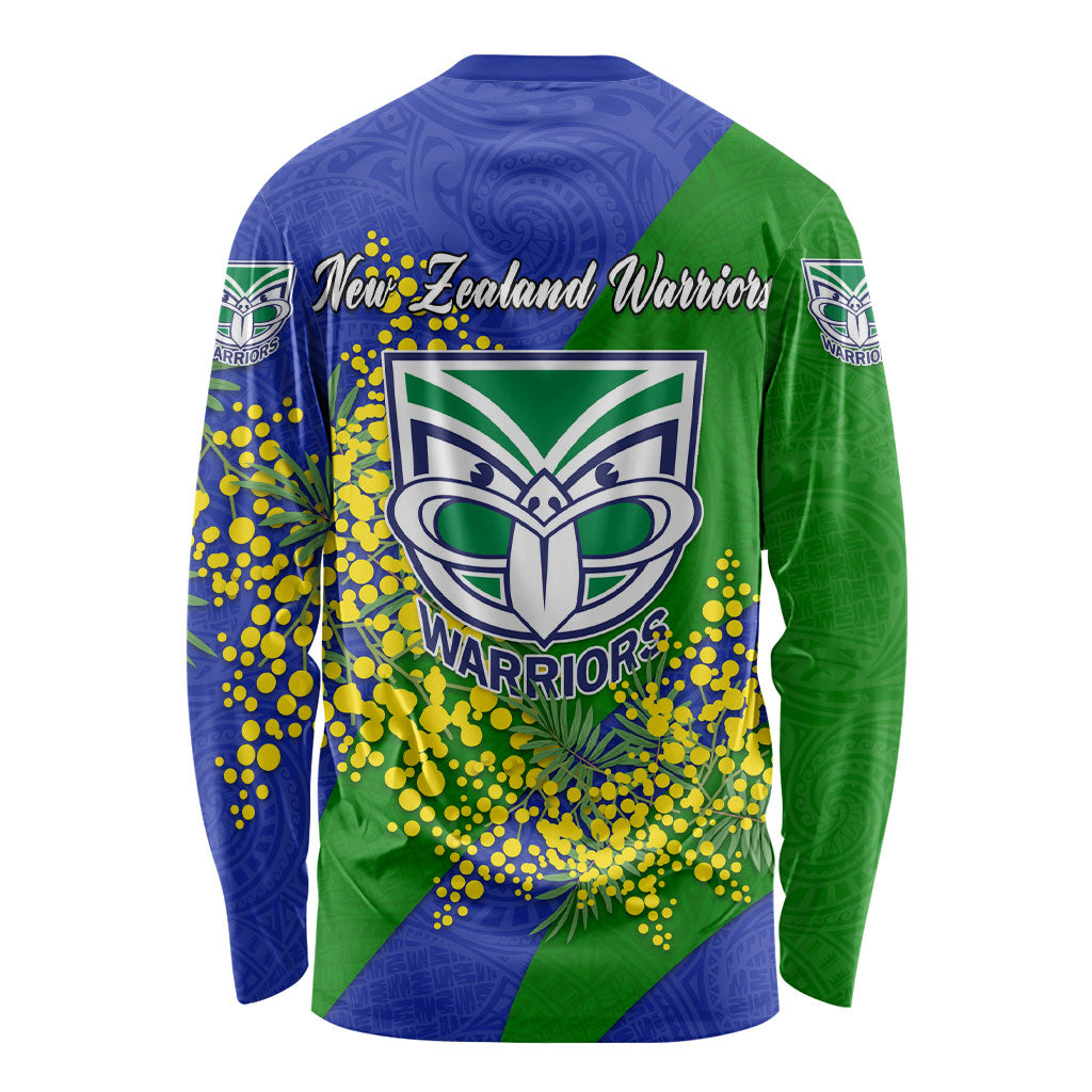 New Zealand Warriors Long Sleeve Shirt Golden Wattle Floral Polynesian - Australian Flower - Rugby Mascot