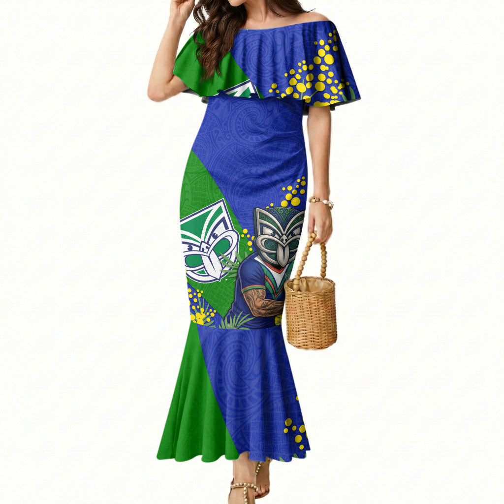 New Zealand Warriors Mermaid Dress Golden Wattle Floral Polynesian - Australian Flower - Rugby Mascot