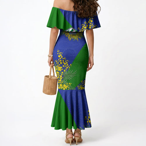 New Zealand Warriors Mermaid Dress Golden Wattle Floral Polynesian - Australian Flower - Rugby Mascot