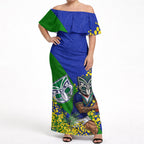New Zealand Warriors Off Shoulder Maxi Dress Golden Wattle Floral Polynesian - Australian Flower - Rugby Mascot
