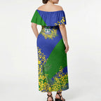 New Zealand Warriors Off Shoulder Maxi Dress Golden Wattle Floral Polynesian - Australian Flower - Rugby Mascot