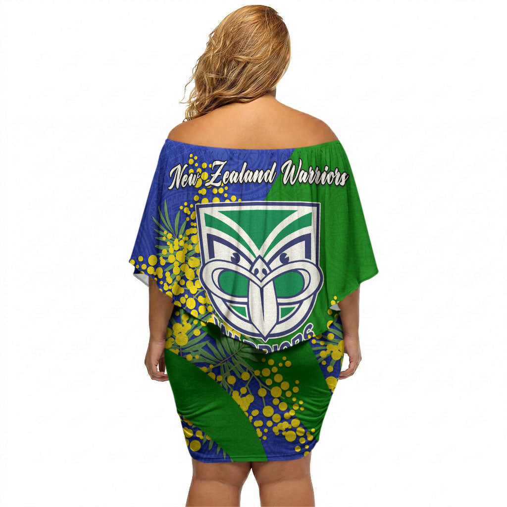 New Zealand Warriors Off Shoulder Short Dress Golden Wattle Floral Polynesian - Australian Flower - Rugby Mascot