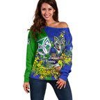 New Zealand Warriors Off Shoulder Sweater Golden Wattle Floral Polynesian - Australian Flower - Rugby Mascot