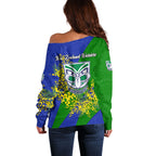 New Zealand Warriors Off Shoulder Sweater Golden Wattle Floral Polynesian - Australian Flower - Rugby Mascot