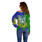 New Zealand Warriors Off Shoulder Sweater Golden Wattle Floral Polynesian - Australian Flower - Rugby Mascot