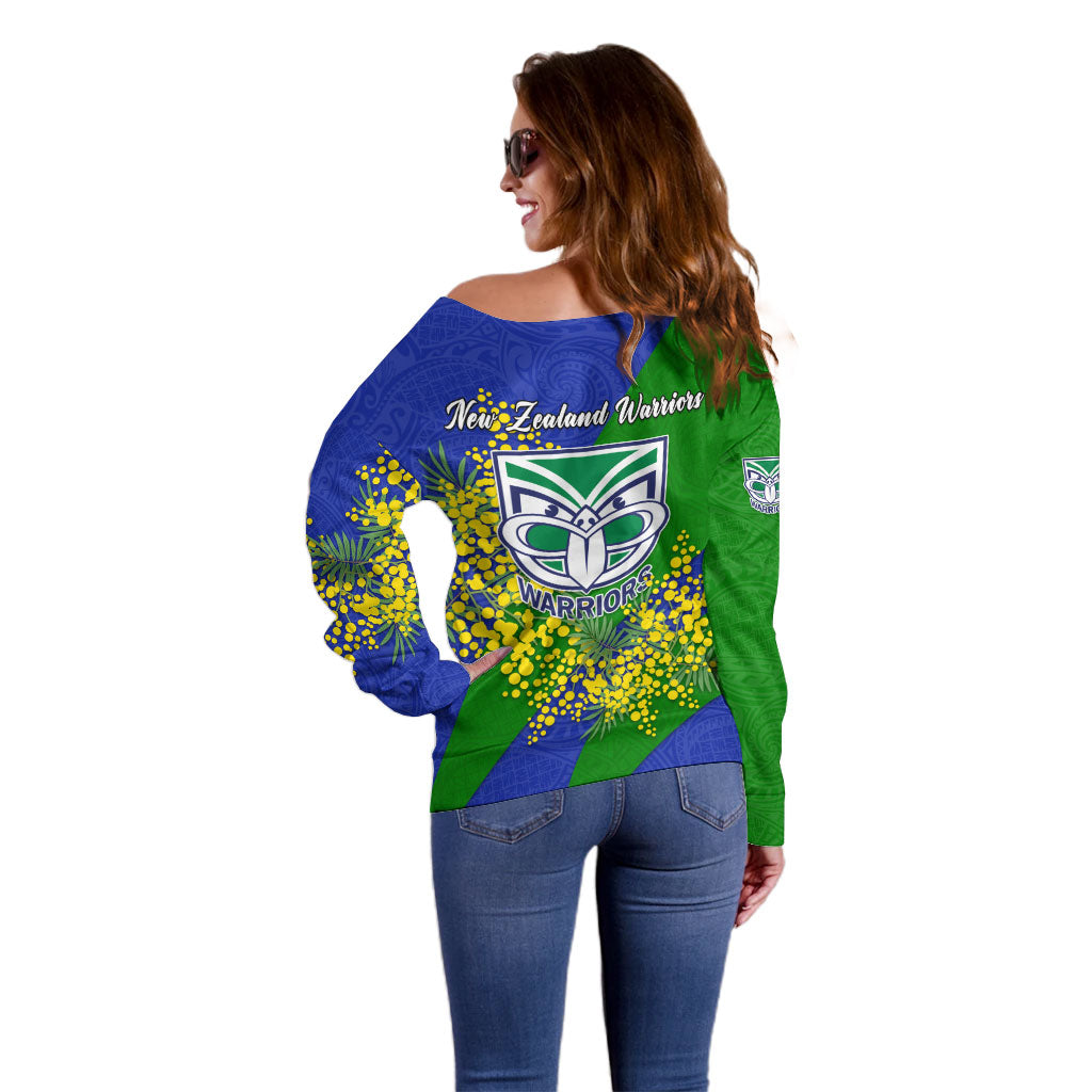New Zealand Warriors Off Shoulder Sweater Golden Wattle Floral Polynesian - Australian Flower - Rugby Mascot