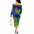New Zealand Warriors Off The Shoulder Long Sleeve Dress Golden Wattle Floral Polynesian - Australian Flower - Rugby Mascot