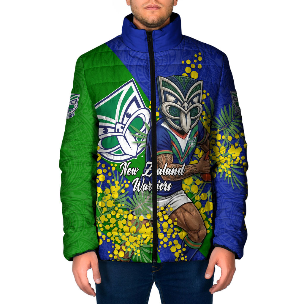 New Zealand Warriors Padded Jacket Golden Wattle Floral Polynesian - Australian Flower - Rugby Mascot