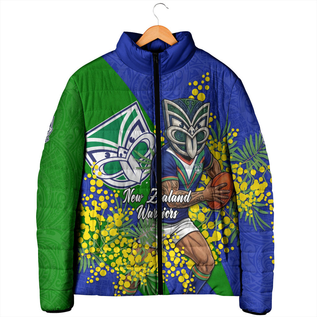New Zealand Warriors Padded Jacket Golden Wattle Floral Polynesian - Australian Flower - Rugby Mascot