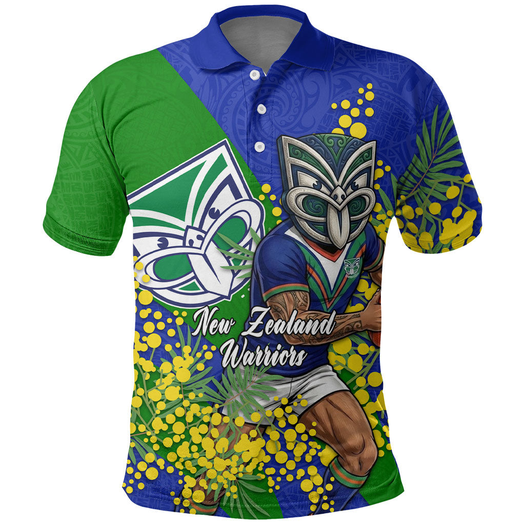 New Zealand Warriors Polo Shirt Golden Wattle Floral Polynesian - Australian Flower - Rugby Mascot