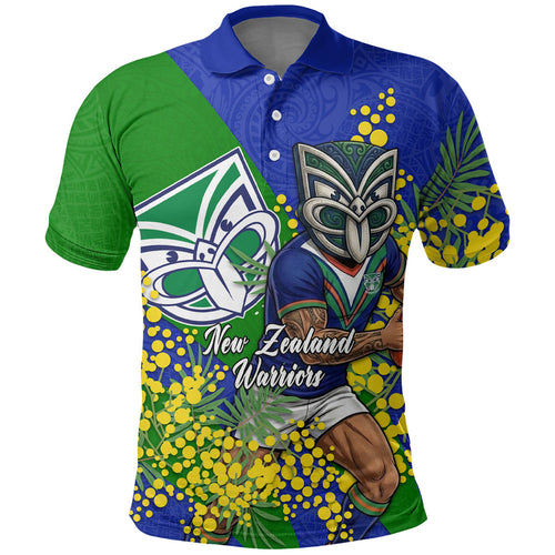 New Zealand Warriors Polo Shirt Golden Wattle Floral Polynesian - Australian Flower - Rugby Mascot