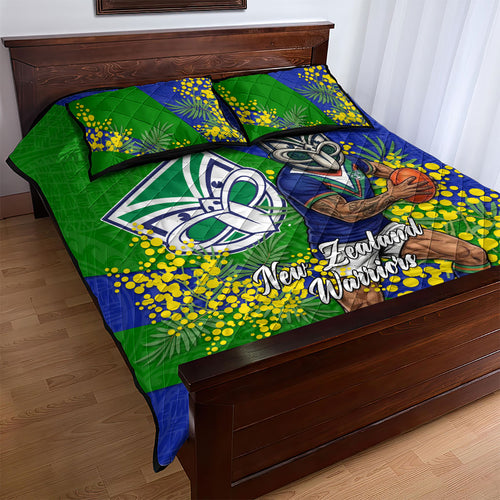 New Zealand Warriors Quilt Bed Set Golden Wattle Floral Polynesian - Australian Flower - Rugby Mascot