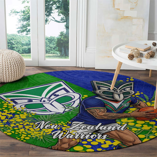 New Zealand Warriors Round Carpet Golden Wattle Floral Polynesian - Australian Flower - Rugby Mascot