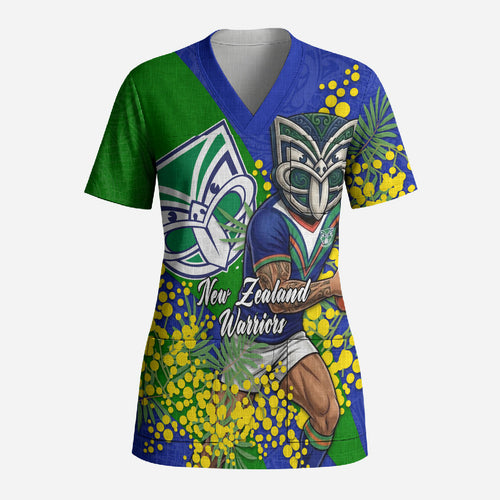 New Zealand Warriors Scrub Top Golden Wattle Floral Polynesian - Australian Flower - Rugby Mascot