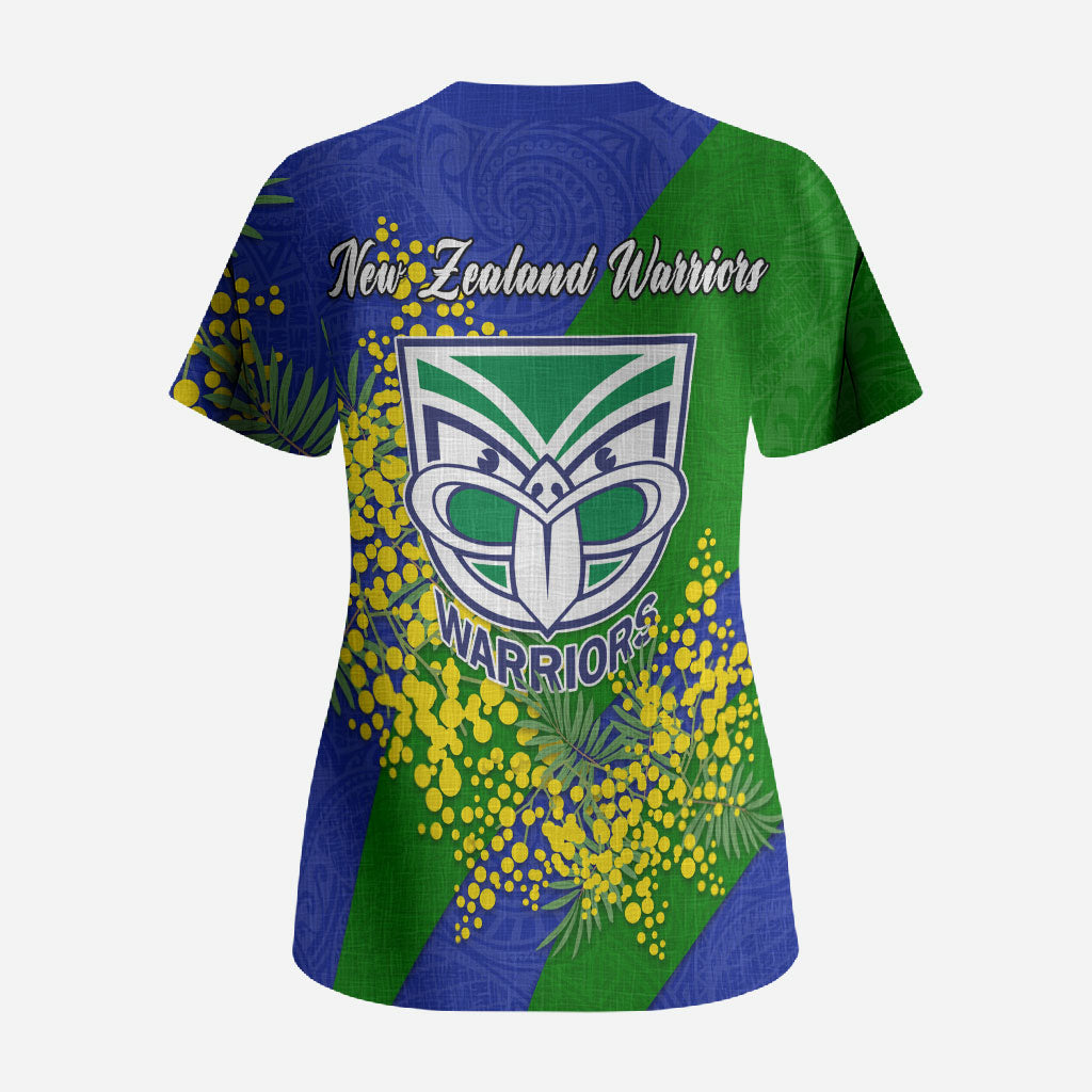 New Zealand Warriors Scrub Top Golden Wattle Floral Polynesian - Australian Flower - Rugby Mascot
