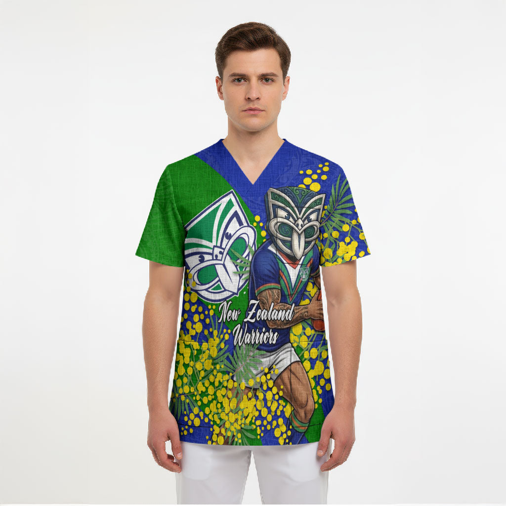 New Zealand Warriors Scrub Top Golden Wattle Floral Polynesian - Australian Flower - Rugby Mascot